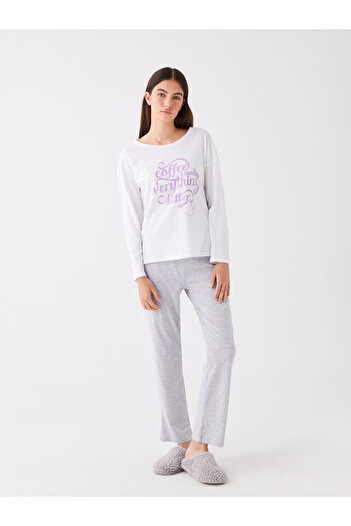 LC Waikiki Damen-Pyjama-Set mit langen Ärmeln und Rundhalsausschnitt – bedruckt
