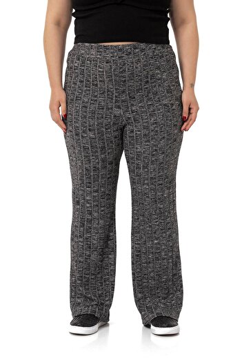 DISENTIS MODEST Large Size Wide Leg Elastic Waist Ribbed Knitwear Black Trousers