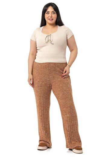 DISENTIS MODEST Large Size Wide Leg Elastic Waist Ribbed Knitwear Brown Trousers