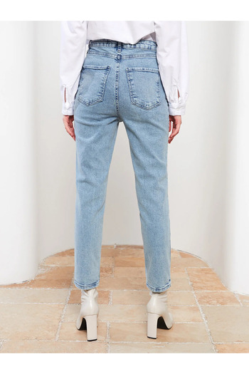 MAKRAS EXCLUSIVE Jeans Mavi Karyıkama Yüksek Bel Mom Jeans Boyfrend Pantolon