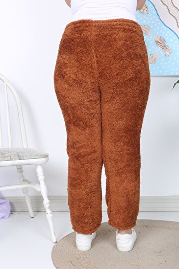 xlargebutik PLUS SIZE CLOTHING WARM COMFORTABLE BROWN PLUSH FLEECE HIGH WAIST FULL FLEXIBLE