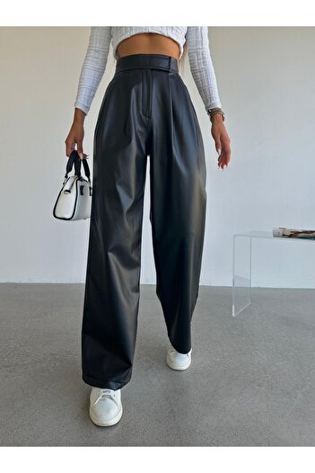 HAKKE Women's Velcro Waist Faux Leather Palazzo Trousers