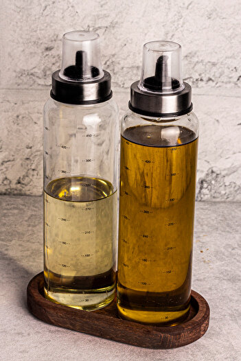 Snippy Bella Borosilicate Glass Sippy Oil Pot with Wooden Stand Oil Pot - Vinegar Set 500 ml - 3 Pieces