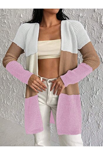 AQE FASHION Women's White Camel Powder Color Blocked Long Knitwear Cardigan