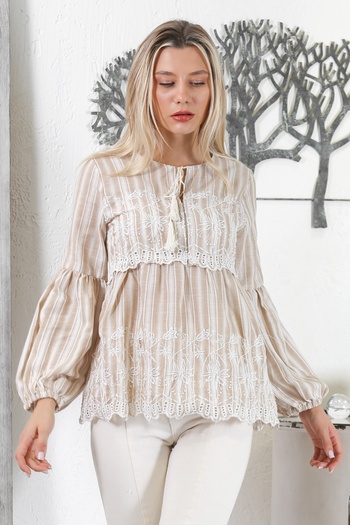 Chiccy Cream Colored Collar Gathered Sleeve Striped Tie Embroidery Scalloped Woven Regular Fit Blouse