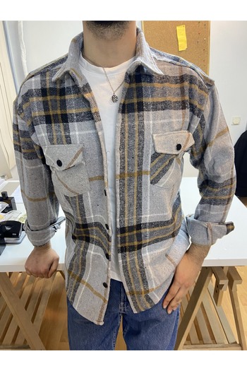 Tarz Cool Сіро-гірчично-біла чоловіча сорочка Slim Fit з двома кишенями та картатим візерунком