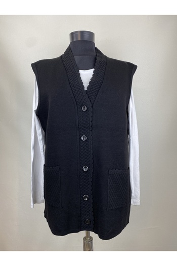 ECALAMODE Mother Short Buttoned Black Sleeveless Knitwear Vest with Pockets
