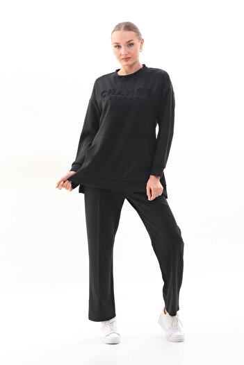 WestBound Women's BLACK Color Crew Neck Sweat Wide Leg Trousers Hijab Sports Suit