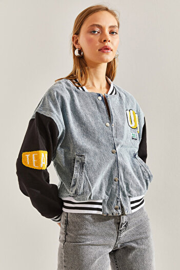 Bianco Lucci Women's Front and Back Printed Ribbed Denim Jacket