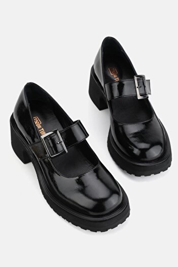 TUNAELLİ WOMEN'S BLACK Patent Leather GENUINE NATURAL LEATHER BUCKLE STRAP SHOES