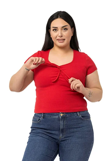 DISENTIS MODEST Plus Size Half Sleeve Camisole Red Body with Lace Detail on the Chest