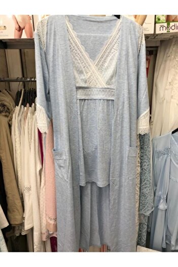 Anıl Kadın Mavi Yeni Sezon Hamile Lohusa 3lü Pijama Sabahlık Takım