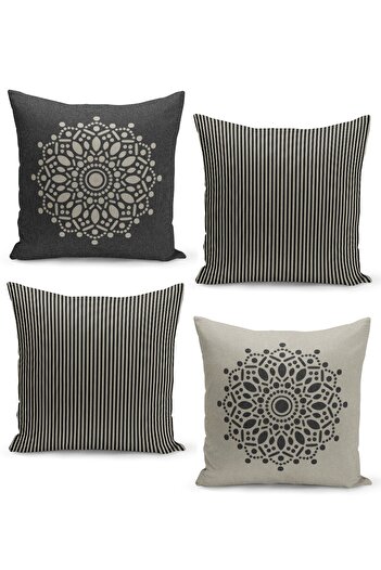 Filamente Set of 4 Throw Pillow Cases with Oriental Mandala Pattern on Linen Tweed Background