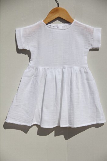Botex Girl's White Double Layer Muslin Buttoned Dress