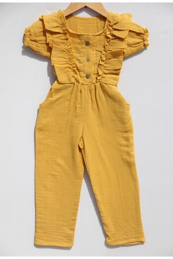 Botex Girl's Yellow Double Layer Muslin Short Sleeve Jumpsuit