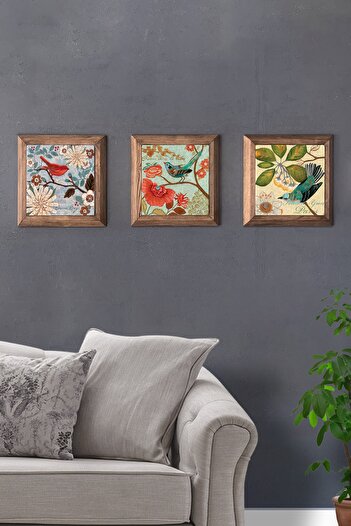 Oscar Stone Decor Bej Masif Çerçeveli Taş Tablo Pano Set 3lü 28x28 cm