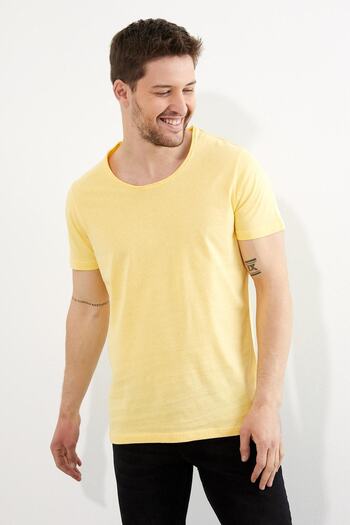 Figo Men's Yellow Crew Neck Basic T-Shirt