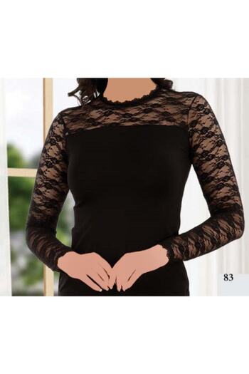Altınay Women's Black Open Collar Long Sleeve Lace Undershirt