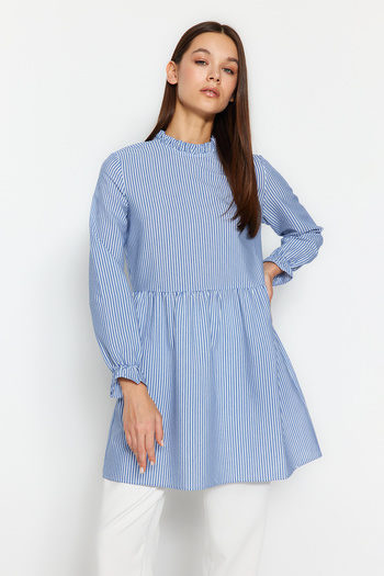 Trendyol Modest Blue High Collar Gather Λεπτομερές χιτώνα TCTSS22GO0108