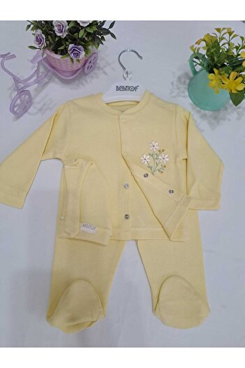 Bebitof BEBİTOF Çiçek Desenli 3 lü Bebek Takım Set Sarı