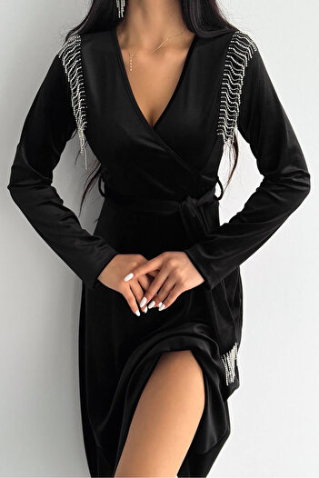 Neşeli Butik rochie de catifea cu detaliu de lanț cu bretele pentru femei KKLF78 - Negru