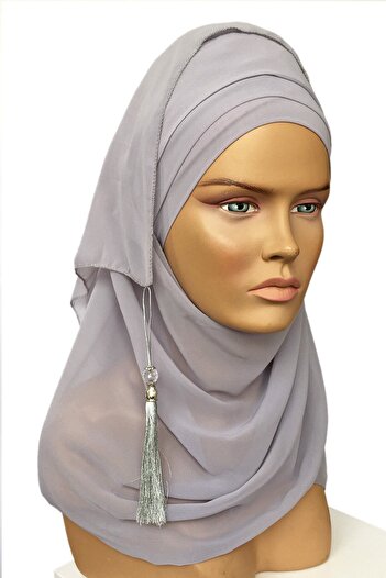 Vera Bonnet Ready Turban Practical Stylish Scarf Hürrem Chiffon Tasseled Gray Wrapped Shawl Head Scarf Hijab Bonnet