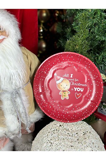 QUEEN AKSESUAR Imported metal large round tray snowy cookie man heart patterned plate presentation gift plate