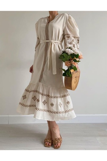 Laluvia Stone-Brown Embroidered Dress