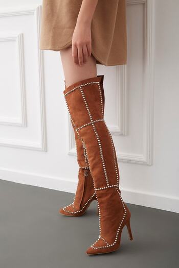 AYAKKABI PRENSİ Spades Trok Detailed over the Knee Boots Tan Suede 10 cm Women's Boots, Heels