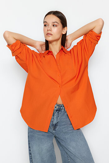 Trendyol Collection Oversize Orange Cotton Woven Shirt - Wide Fit TWOSS22GO0669