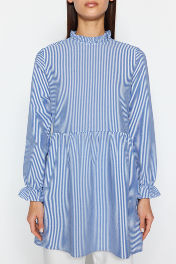 Trendyol Modest Blue High Collar Gather Λεπτομερές χιτώνα TCTSS22GO0108