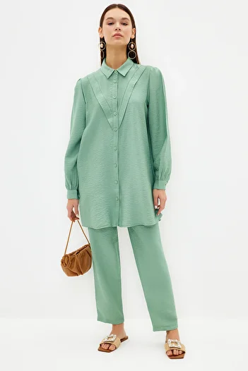 Trendyol Modest Πράσινο λινό πουκάμισο-υφαντό κοστούμι παντελόνι TCTSS23US00079