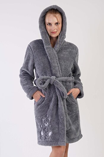 VİENETTA Women's Short Welsoft Hooded Smoke Dressing Gown 3C0T6N0O49