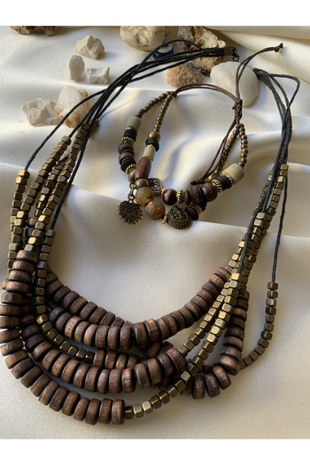 azra takı tasarım Handmade Wooden Coffee Necklace and Elevator, Natural Stone Bracelet Set