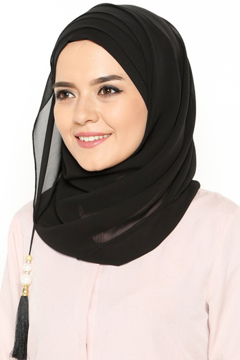 Vera Bonnet Ready Turban Practical Stylish Scarf Hürrem Chiffon Tasseled Black Wrap Shawl Hijab Hijab Bonnet