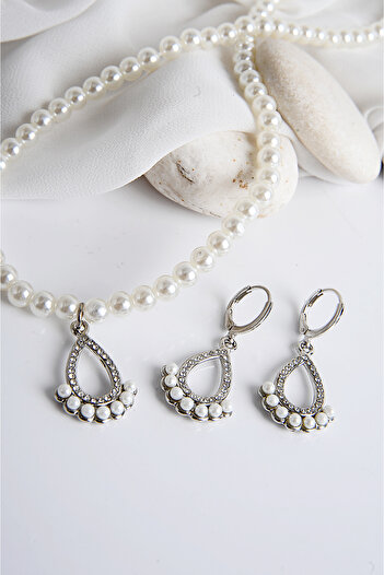 EUROMODA Drop Design Pearl and Zircon Stone Necklace Earring Set