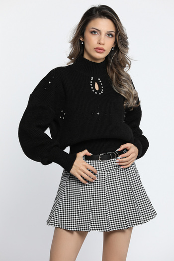 GÜLSELİ Black Women's Front Window Stone Detailed Elastic Waist and Sleeve Knitwear Blouse