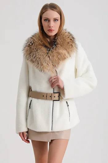 Leather Club Leather Garnished Wool Coat with Ecru Fur Accessories