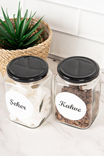 DNS HOME Set of 2 Black Metal Lid Coffee Sugar Labeled Square Glass Storage Container Jar 720 ml