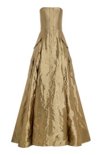MERT ERKAN Strapless Beige Taffeta Maxi Dress with Pocket Detail