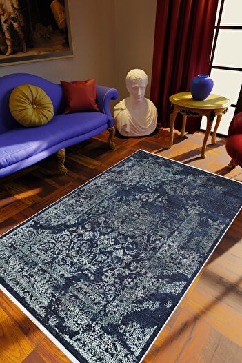 10 Post Online Salon Halısı Klasik Eskitme Lacivert Mavi Krem Kaydırmaz Kesme Yıkanabilir Ince Halı Tüysüz Kilim