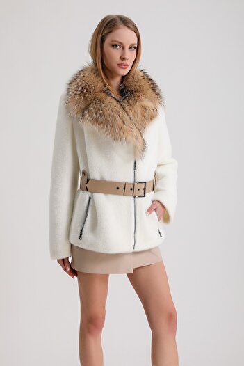 Leather Club Leather Garnished Wool Coat with Ecru Fur Accessories