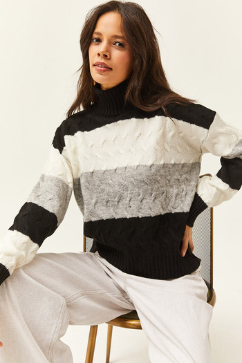 Olalook Women's Black Hair Braid Detailed Striped Soft Textured Knitwear Sweater KZK-19000686