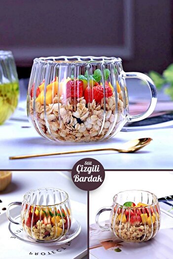 Tilbe Home Line Embossed Double Wall Cup 250 ml Retro Glass Cup Teacup Coffee Serving Presentation Cup