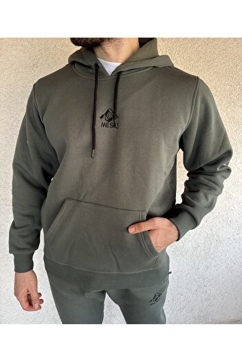 Mesh Unisex Sweatshirt Tracksuit Set, Soft Fabric Khaki Black Embroidered Cotton 3 Thread Raster