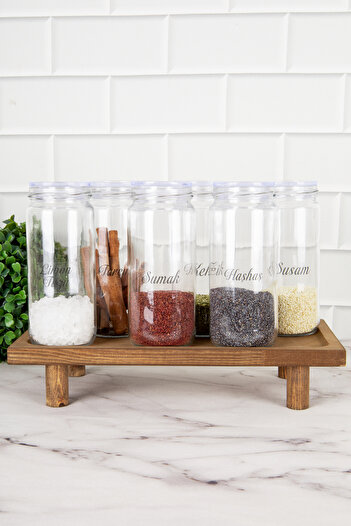 DNS HOME 6-Piece Glass Spice Rack Set with Transparent Lid Wooden Stand Storage Container Spice Rack with Label 500 ml