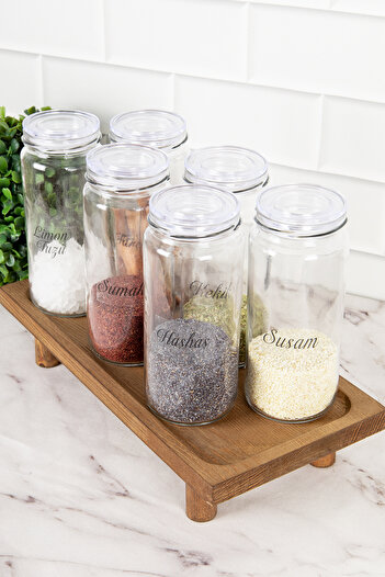 DNS HOME 6-Piece Glass Spice Rack Set with Transparent Lid Wooden Stand Storage Container Spice Rack with Label 500 ml
