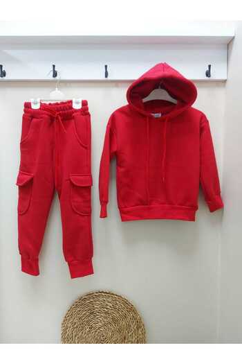 YARENKİDS Hooded 100% Cotton Thick Winter Outdoor Girls Boys Unisex Red Kids Tracksuit Set