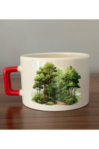 lili hediyelik Forest Printed Cup with Red Handle Ceramic Mug - Ceramic Tea, Coffee Gift Cup