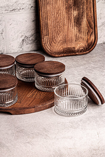 Snippy Bella 6-Piece Wooden Vacuum Lid Glass Breakfast Multi-Purpose Glass Snack Bowl with Tray 235 ml